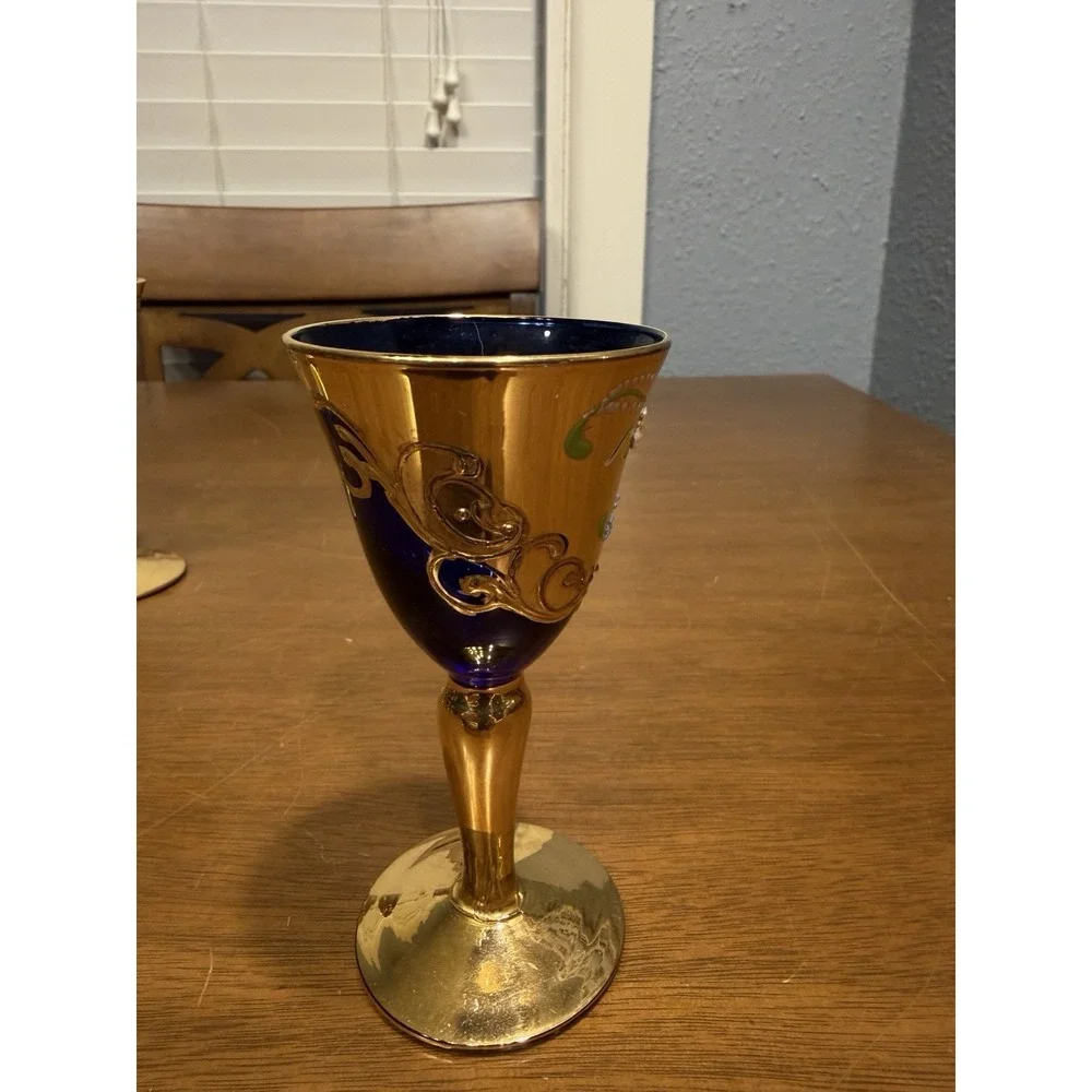 Lot Of 5 Vintage Handmade Murano Multi Color Gold Tre Fuochi Cordial Glasses